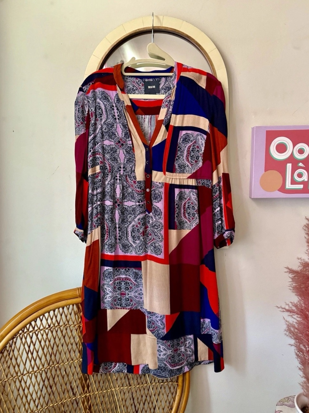 Maeve Anthropologie Mixed-Print Long Sleeve Shirt Dress - Red, Purple, Tan